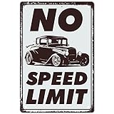 CREATCABIN No Speed Limit Metal Tin Sign Black Car Travel Retro Funny Signs Vintage Wall Decor Art Mural Hanging Iron Painting Plaque Poster Family Wall Decorations for Home Living Room 8 x 12 Inch