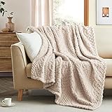 Coastline Sherpa Throw Blanket,Cable Pattern Decorative Soft Cozy Blanket for Couch Sofa,Light Weight Fleece Warm Throw Blanket for Bed,Beige,127 x 152 cm
