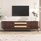 FammyLoft 170cm TV Unit, TV Stand Unit with 2 Doors and 2 Rattan Drawers, Modern Entertainment Unit for Living Room, Multiple Storage Spaces, Natural Walnut Color