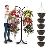 Bishop Flower Hanging Basket Display Stand Patio Planter Cascade Home Garden Centre Heavy Duty British Made (6 Arm Version with Dark Rattan Baskets)