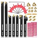 Carbide Lathe Turning Tool Set, 12mm Shank 7Pcs Metal Lathe Tools for Grooving, Threading, and Woodturning - Includes 2 Box Carbide Inserts (12mm)