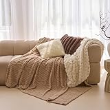 OHS Extra Large Cable Throw Fleece, Soft Cosy Cable Knit Throw Blanket Over Bed Sofa Couch Lightweight Fluffy Warm Bed Throw Large Blankets for Women Men Kids, Natural - 230 x 270cm