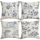 LOHDALOLF Blue Toile Cushion Covers 45x45 cm Set of 4 Vintage French Country Cushion Cases Chinoiserie Decorative Pillow Covers for Sofa Living Room