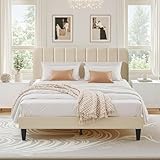 VECELO 4ft6 Double Bed Frame Upholstered Platform Bedframe with Adjustable Velvet Headboard, Sturdy Wooden Slat Support, No Box Spring Needed, Easy Assembly, Beige