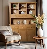 Hallowood Furniture Waverly Large Oak Display Cabinet, Light Oak Sideboard with Top, 3-Door Cupboard, 6 Drawers & Open Shelves, Solid Wooden Dresser Unit for Living Room or Kitchen