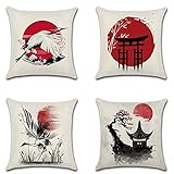 Artscope Set of 4 Japanese-Style Cushion Covers, Red Sun with Ink Painting Crane Decorative Throw Pillow Covers for Couch Bedroom Outdoor Bench Farmhouse Decor 45x45cm