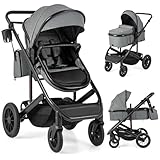 COSTWAY 3 in 1 Baby Stroller, Foldable Aluminum Frame Travel System Pram with Reversible Seat, Adjustable Canopy & Handle, Diaper Bag, Infant Newborn Pushchair for 0-36 Months (Grey)
