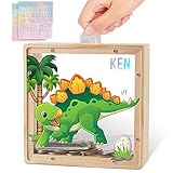MHJY Money Box for Kids, Wooden Dinosaur Piggy Banks for Boys Girls Cartoon Money Jar Coin Bank with DIY Alphabet Stickers