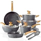 Kitchen Academy Induction Cookware Sets - 12 Piece Cooking Pan Set, Gray Granite Nonstick Pots and Pans Set, Induction Hob Pans Set