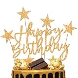 iZoeL 2 Sets Gold Cake Decoration Happy Birthday Banner Confetti Balloon Stars Heart Cake Topper for Man Boys Women Girls Gold Theme Birthday Decor Hen Party