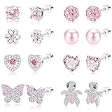 DiiWmme 8 Pairs of S925 Silver Stud Earrings, Suitable for Women and Girls, Hypoallergenic Earring Set, Cute Turtle Butterfly Heart-Shaped Flower Small Stud Earrings