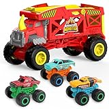 KARMOUNT 4-in-1 Monster Truck Transport Carrier Playset, Red Mover Rhino Toy Cars Hauler Set for Children, Truck Hauler with Super Ramp Launch, Including 3 Diecast Monster Trucks, for Kids 3+