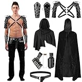 PLULON 9Pcs Men Renaissance Costume Viking Medieval Knight Halloween Costume Hooded Cloak Retro Shawl PU Leather Belt Shoulder Armor Buckle Bracers Sword Frog Bottle Holder Cork Bottle Accessories