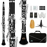 B Flat Clarinet for Beginners, Student Bb Clarinet 17 Nickel-plated Keys,Clarinet ABS with 2 Barrels Hard Case Stand 8 Mouthpiece Cushion Clarinet Cleaning Kit (Black)