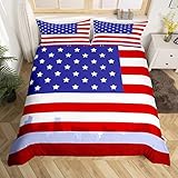 American Flag Comforter Cover USA Flag and City Bedding Set for Boys Girls Kids USA Federations Stars Duvet Cover Geometric Stripes Blue White and Red Double Size