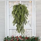 2Pcs Artificial Christmas Pine Needle Teardrop Swag Faux Winter Wreath Hanging Plants for Front Door Wall Home Decor (Green)