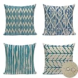 Cushion Covers 35x35cm Set of 4 Blue Summer Outdoor Cushions Waterproof Linen Decorative Throw Pillow Cover Geometric Lines Autumn Garden Furniture Sofa Cushions for Patio Farmhouse Home Decor R-1155