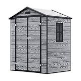 XEMQENER Plastic Garden Storage Shed with Floor - 5.5x4 FT Waterproof Outdoor Lockable Garden Shed with Window for Gardening Tools & Equipment, 170x123x210cm, Wood Grain Dark Grey