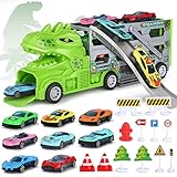 Aoskie Dinosaur Car Transporter Toy for 3 4 year old, Monster Toddler Carrier Truck Vehicles Toys for Kids, Dinosaur Ramp Truck for Boys with 8 Alloy Cars 1 Road Map Accessories Gift Set for Kids