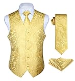 Enlision Paisley Waistcoats for Men Gold Wedding Waistcoat Tie Pocket Square Jacquard Party Suit Vest Set XL