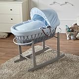 For Your Little One Wicker Moses Basket with Rocking Stand, 83 x 49 cm, Hand-woven Natural, Hypoallergenic Mattress Grey Wicker/Waffle Pattern (Blue)