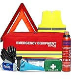EVAQ8 Advanced Car Safety Kit with Extinguisher and Torch UK Standard Parts Includes Warning Triangle, First aid kit, Emergency Blanket, Safety Hammer, Torch, high Visibility Vest, Carry Bag