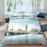 Big Ben Double Duvet Cover Set Cityscape Bedding 3D Soft Comfort Microfiber Quilt Cover 200x200 cm with Zipper Closure and 2 Pillowcases for Kids Teenager Adults U.3093