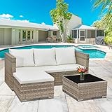 Aweather 3 Pcs Rattan Garden Furniture Sets Outdoor Corner Sofa, All-Weather Handwoven PE Sofa Set, Small Patio Conversation Set with Washable Cushions and Coffee Table, Four Seats