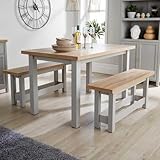Home Source Kitchen Dining Table Set, 2 Benches, Oak Effect, Grey