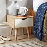 Home Source Bedside Cabinet 1 Drawer Oak Effect White Lamp Side Table, Solid Wood Legs, Scandi Style