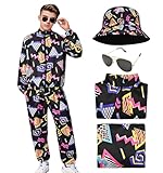 Antsparty Retro 80s 90s Outfit for Men, 80s Fancy Dress with Sportswear Jacket Pants Hat and Glasses, Vintage Beach Tracksuit for Themed Disco Party Costumes