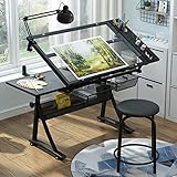 Adjustable Drafting Table with Stool - Tempered Glass Top Tiltable Design 2 Storage Drawers - Ideal Art Desk for Drawing Sketching Writing and Creative Projects.