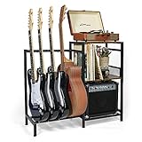 ikkle Guitar Stand Multiple Guitars with Vinyl Record Storage Cabinet Holder, Guitar Floor Holder with 3-Tier Storage Shelf for Acoustic, Bass, Electric, and Guitar Case. (Two Installation Methods)
