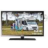 SYLVOX 27 inch Smart TV, FHD 1080P Caravan TVs with DVD Player, Google TV Compatible, Voice Control, HiFi Speaker, AC/DC, Wide Voltage, DVB-T2/C/S2, HDMI USB, 12V Television for Motorhomes, Campervan