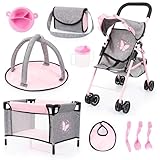 Bayer Pink Dolls Stroller 10 Pieces - Baby Doll Pram Set with Kids Pushchair for Dolls 46 cm, Cot, Play Mat, Feeding Accessories, Changing Bag, Basket - Toy Buggy for Girls, Toddler