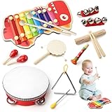 10Pcs Toddlers Percussion Toy Set, Neutral Wooden Rhythm Toys, Boho Enlightenment Sensory Instruments, Baby Musical Instruments, Preschool Toys with Xylophone Beater for Kids Boys Girls