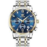 OLEVS Watches Men Gold Silver Two Tone Stainless Steel Chronograph Watch for Men Roman Numerals Diamond Analog Quartz Men's Watch Big Face Classic Blue Waterproof Luminous with Date Mens Watches