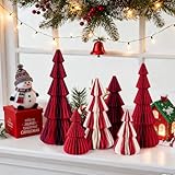EASY JOY 6 Pcs Red White Honeycomb Christmas Trees, 3D Artificial Xmas Tree Decorations Paper Color Block Christmas Table Decorations for Winter Party New Year Holiday Party Decor