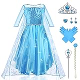 URAQT Elsa Dress, Elsa Princess Costume with Fairy Wand and Crown Tiara, Elsa Anna Dress Up for Girls, Deluxe Girls Fancy Dress for Party Cosplay Bridesmaid Pageant (5-6 Years)