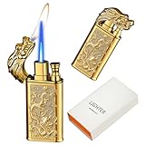 CYJBAO Relief Dragon Dual Flame Lighter - Windproof Adjustable Jet Flame and Soft Flame, Refillable Butane Lighter for Candle, BBQ, Kitchen, Camping(Without Butane)-Gold