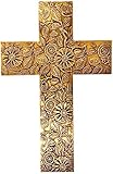 Purpledip Wooden Wall Cross: Handmade Mangowood Plaque With Embossed Metal Sheet, Gold (11445)