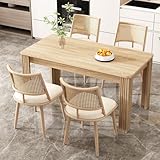 Merax Rattan Dining Chairs Set of 4, Retro Upholstered Kitchen Chairs, with Comfort Padded PU Seat, Rattan Backrest & Wooden Legs, for Dining Room, Living room, Restaurant, Beige