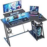 HOMIDEC Gaming Desk with LED Lights, 100CM Computer Desk with Monitor Stand, L Shaped Corner Desk with Headphone Hook and Shelves for Gaming Room, Bedroom, Office, Black