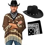 Adults Cowboy Costume - Dark Brown Poncho with Tassel Fringe, Black Star-Studded Cowboy Hat, Black Paisley Bandana - Mens Wild West Bandit Gunslinger Western Fancy Dress Costume