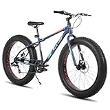 Hiland 24 Inch Fat Tire Mountain Bike for Boys and Girls, 7-Speed Mountain Bike, Double Disc Brake, Beach And Snow Bike Blue
