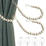 2 Pieces Wood Bead Curtain Tieback Boho Curtain Tiebacks Curtain Holdbacks for Wall Curtain Ties Window Treatment Drape Tie Back with Hooks for Bedroom Wall Dining Decoration (Wood Color,2)