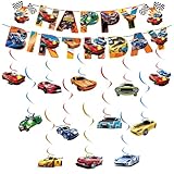 14Pcs Hot Car Party Swirls and Banner - Auto Birthday Theme Decorations Pack for Wheels Bunting Garland