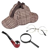 MFUOE 4 Pcs Detective Costume Set Deerstalker Hat Magnifying Glass Pipe Victorian Sherlock Holmes Fancy Dress Accessory for Halloween Costume Party Accessories