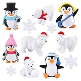 FEPITO 12 Pcs Winter Resin Penguin Polar Bear Snowflakes Miniature Figurine Toy Mini Christmas Figures for DIY Garden Home Decor Christmas Ornaments