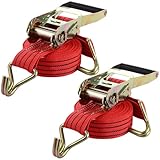AHAQU 2PCS Heavy Duty Ratchet Straps, 50mm x 6m Ratchet Tie Down Straps, 4400lb Break Strength, Adjustable Lashing Strap with Handle and Metal J Hook for Motorcycle, Cars, Trucks- Red